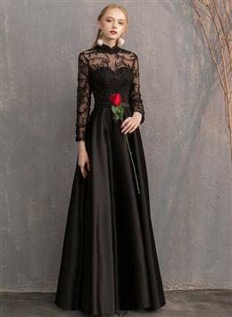 Picture of Black Color Satin and Lace Long Formal Dresses Party Dress, Black Color Evening Dress